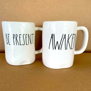 Pair of Rae Dunn Mugs. One says “Awaken” the other says “Be Present” Coffee Tea
